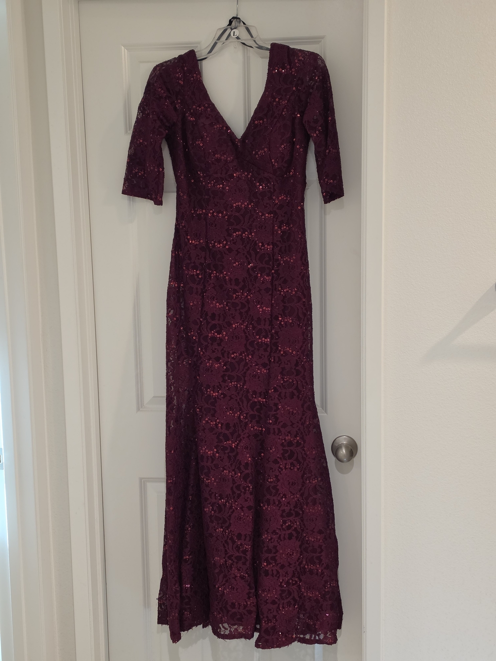 Burgundy Lace Sequin V-Neck Evening Gown